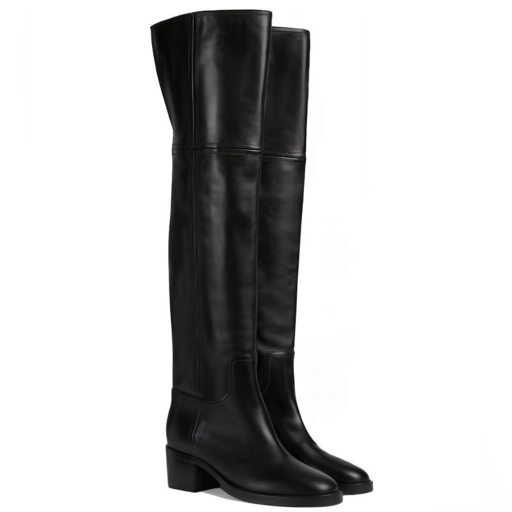 Gucci Over The Knee Logo Heel Calf Leather Boots Black 758288